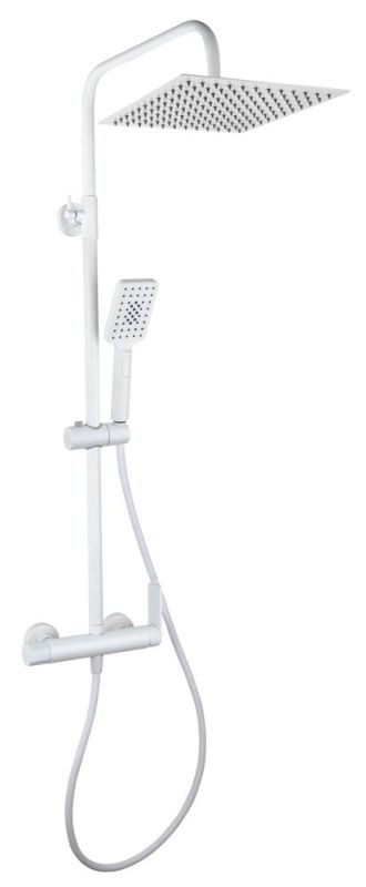 AQG Alpha, height-adjustable shower column 95-150 cm, with mixer tap and square overhead shower 25x25 cm, matt white color