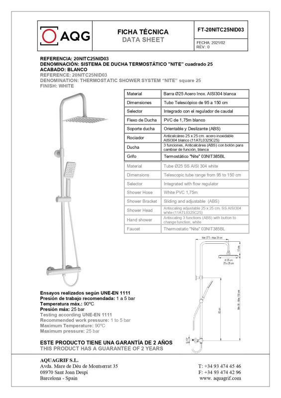 AQG Nite, height adjustable shower column 95-150 cm: with thermostat and square overhead shower 25x25 cm, matt white color