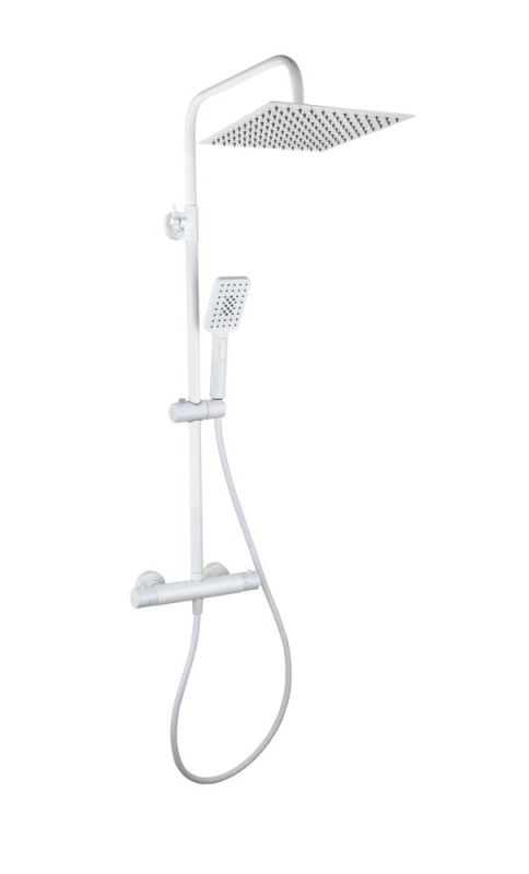 AQG Nite, height adjustable shower column 95-150 cm: with thermostat and square overhead shower 25x25 cm, matt white color