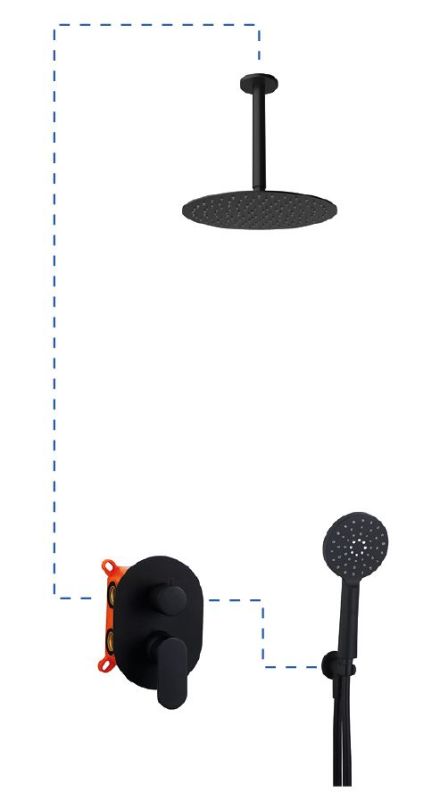 AQG Beta, shower set ER217 for 2 users: with 25 cm round overhead shower and 20 cm ceiling bracket, matt black color