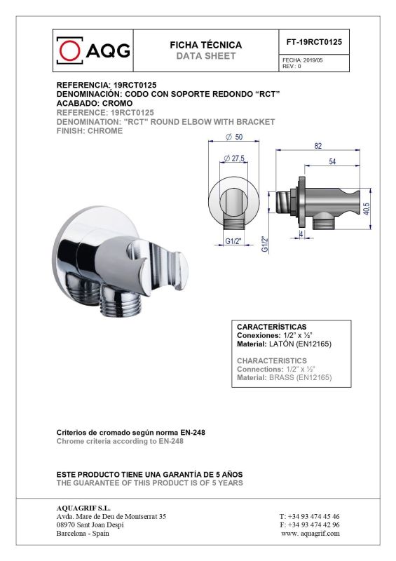 AQG, round RCT hand shower arm with integrated drain, chrome color