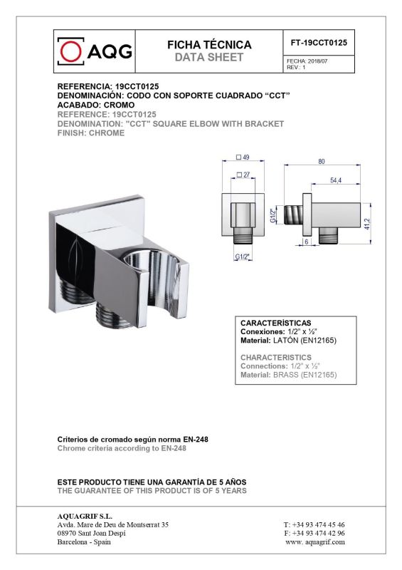 AQG, CCT square bracket for shower with integrated drain, chrome color