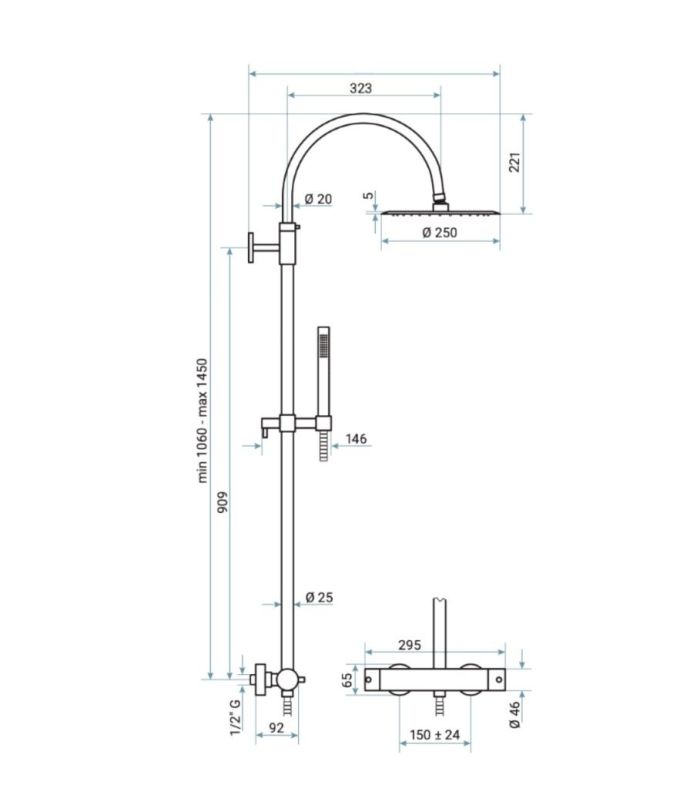 Emmevi Filoinox, telescopic shower column 106-145 cm: with thermostat and anti-calc top shower _25 cm, stainless steel