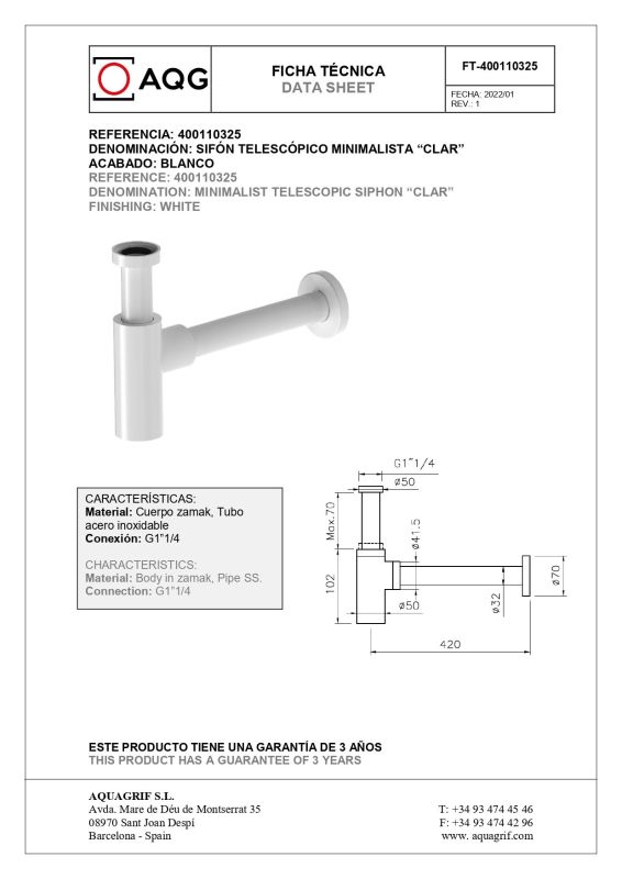 AQG, round siphon CLAR 1"1/4 made of brass, matt white color