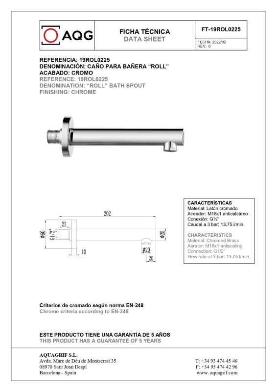 AQG ROLL, 180 mm round spout for in-wall mixer, chrome color