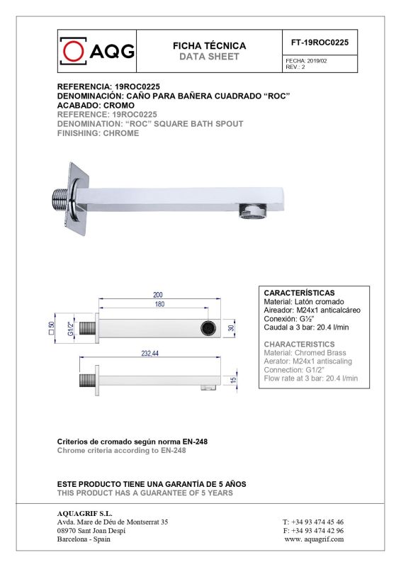 AQG ROC, square spout 175 mm for in-wall mixer, chrome color