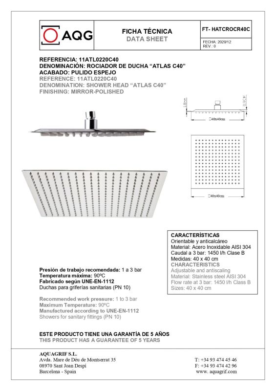 AQG, ATLAS C40 cm square ultra-flat anti-scalding shower head, chrome color