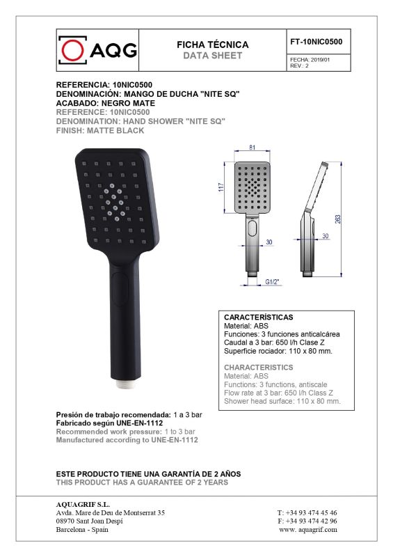 AQG, anti-slip hand shower NITE SQ 110x80 mm, 2-mode, matt black, color black