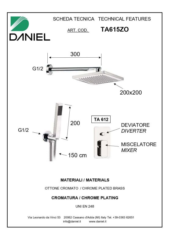 Daniel Tiara, shower set for 2 users, with 30 cm bracket and 20x20 cm square overhead shower, brushed nickel matt color