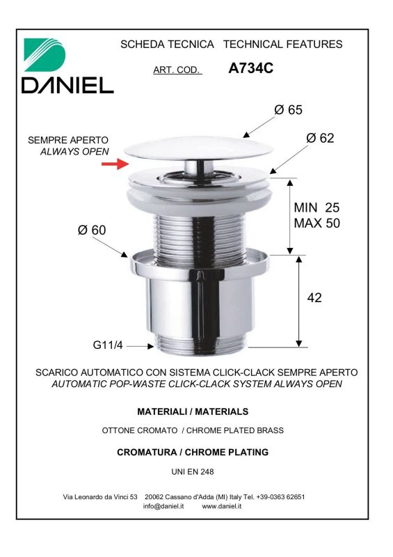 Daniel, click-clack bottom valve 1Т1/4У with short cup, color chrome