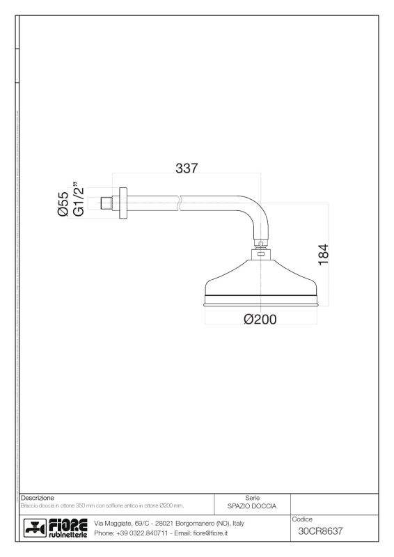 Fiore, round overhead shower 20 cm and bracket 35 cm, chrome color