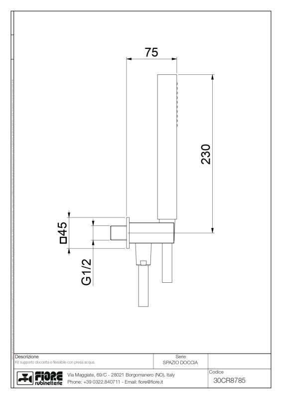 Fiore, square shower set: shower head, hose, holder with water outlet, chrome color