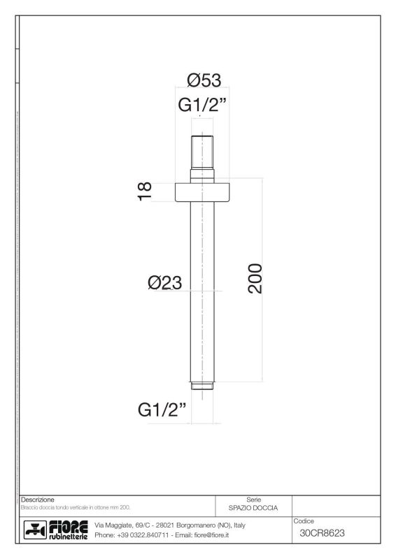 Fiore, ceiling circular bracket 20 cm long, for overhead shower, chrome color