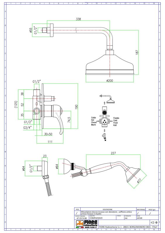 Fiore Jafar, shower set for 2 users: with round overhead shower 20 cm and bracket 35 cm, color bronze