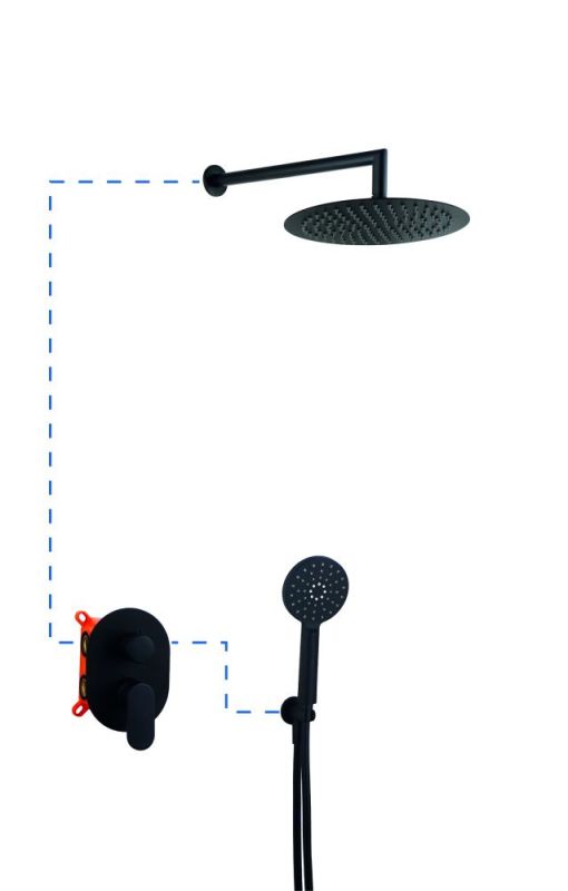 AQG Beta, shower set ER208 for 2 users: with 25 cm round overhead shower and 35 cm ceiling bracket, matt black color