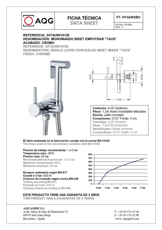 AQG, TAUS hygienic shower set with cold and hot water mixer, chrome color