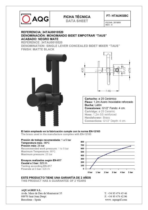 AQG, sanitary shower set TAUS with cold and hot water mixer, matt black color