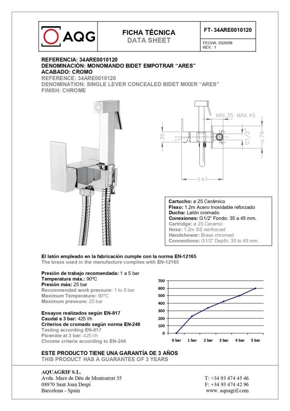 AQG, ARES hygienic shower set with cold and hot water mixer, chrome color