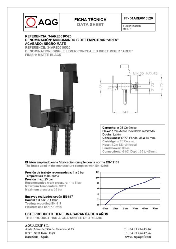 AQG, ARES hygienic shower set with cold and hot water mixer, matt black color