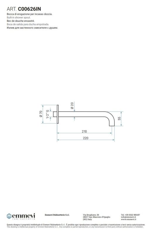 Emmevi Filoinox, round spout for in-wall mixer, length 22 cm, stainless steel