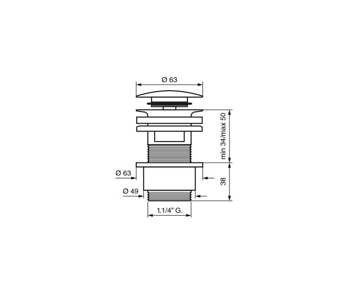 Emmevi, click-clack bottom valve for washbasin (34-50 mm thick) with overflow, for 1,1/4У hole, color quartz-golden.