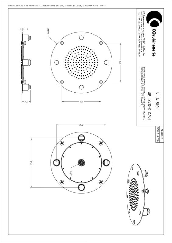 Graffio Kings, round ceiling shower head 30 cm with white LED light, 1 mode: rain, color chrome