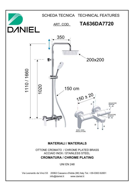 Daniel Tiara, height-adjustable shower column 111-166 cm, with spout and square overhead shower 20x20 cm, chrome color