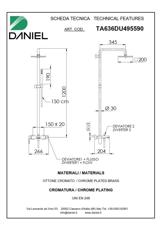 Daniel Tiara, shower column not adjustable in height, with spout and square overhead shower 20x20 cm, matt black color