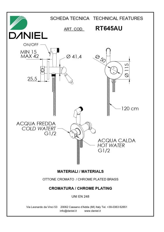 Daniel Retro, hygienic shower with mixer tap for cold/potable water, gold color