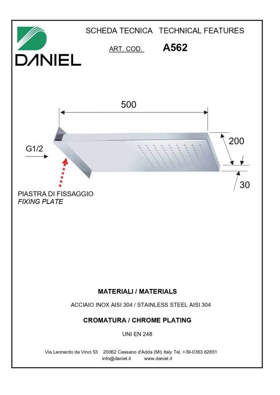 Daniel, cantilever shower head 50x20 cm, 1 mode: rain, color matte black