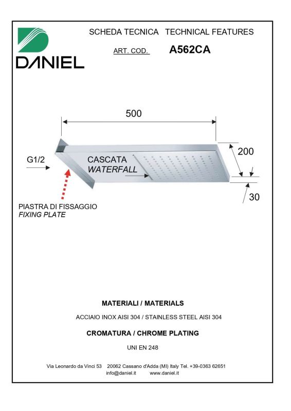 Daniel, cantilever shower head 50x20 cm, 2 modes: rain and cascade, color chrome