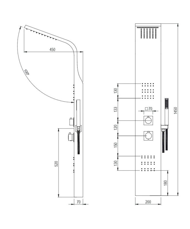 AQG RIO , multifunctional shower panel without thermostat for 4 modes, stainless steel color