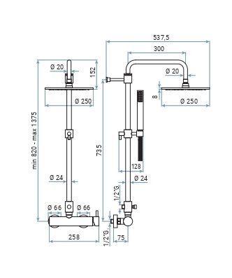 Emmevi Piper, brass shower column, height-adjustable 82-137,5 cm: with mixer tap and 25 cm anti-calc round overhead shower, chrome color