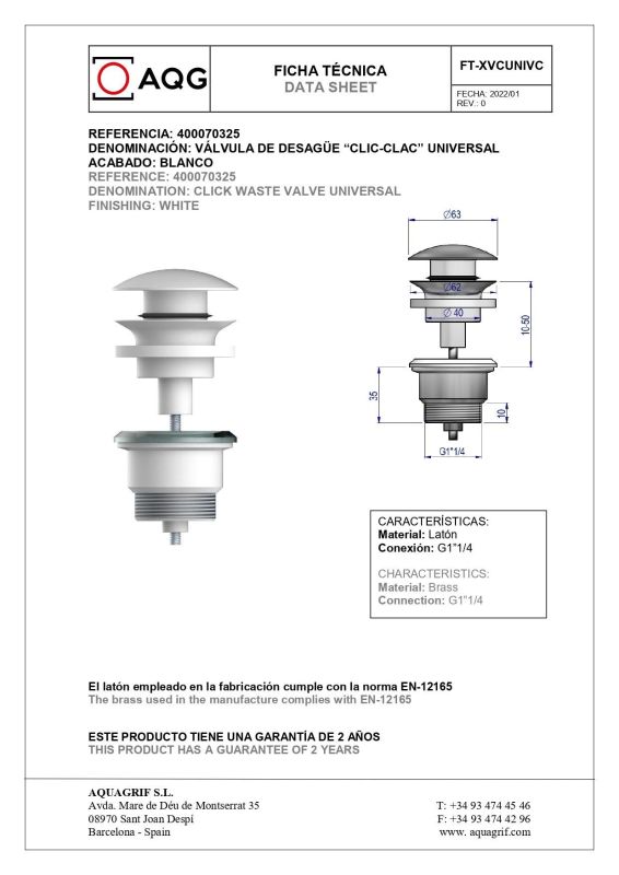 AQG, universal click-clack bottom valve, matt white color