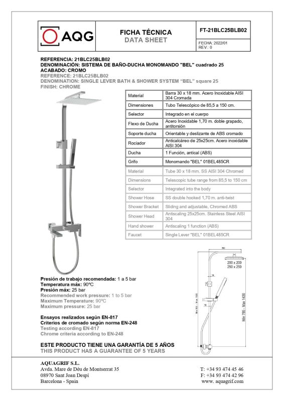 AQG BEL, height adjustable shower column 85,5-150 cm: with folding spout and square overhead shower 25x25 cm, chrome color