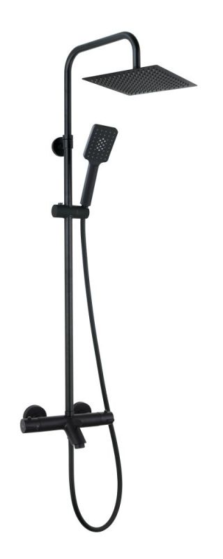 AQG Nite, height adjustable shower column 95-150 cm: with spout, thermostat and square overhead shower 25x25 cm, matt black color