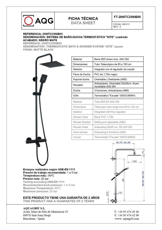 AQG Nite, height adjustable shower column 95-150 cm: with spout, thermostat and square overhead shower 25x25 cm, matt black color