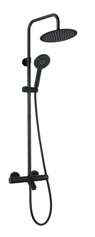 AQG Nite, height adjustable shower column 95-150 cm: with spout, thermostat and round overhead shower 25 cm, matt black color