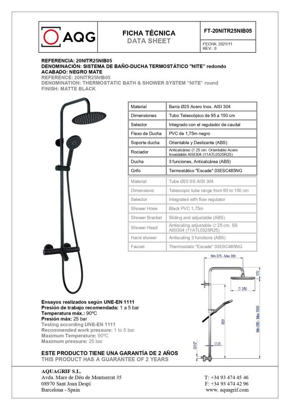 AQG Nite, height adjustable shower column 95-150 cm: with spout, thermostat and round overhead shower 25 cm, matt black color