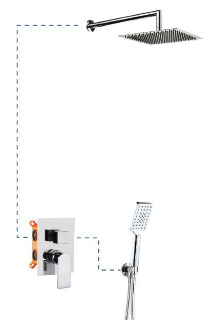 AQG Alpha, shower set EC216 for 2 users with 25x25cm square overhead shower and 35cm ceiling bracket, chrome color