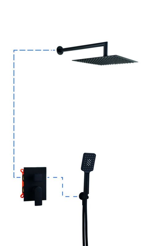 AQG Alpha, shower set EC208 for 2 users: with square overhead shower 25x25 cm and ceiling bracket 35 cm, matt black color