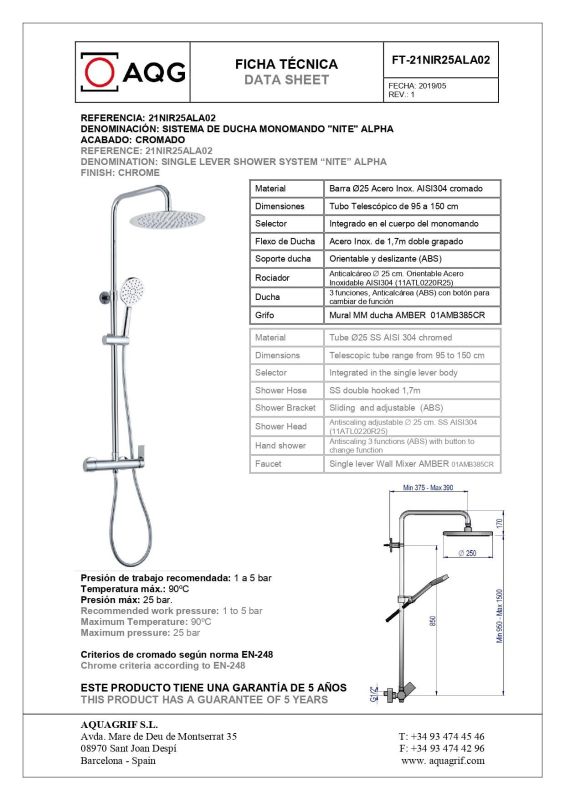 AQG Alpha, shower column adjustable height 95-150 cm, with mixer tap and round overhead shower 25 cm, color chrome