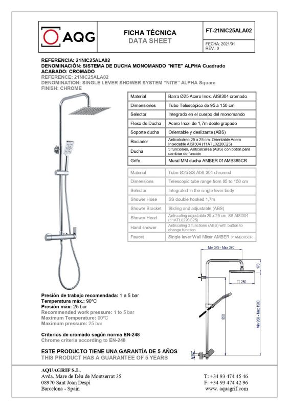 AQG Alpha, height adjustable shower column 95-150 cm, with mixer tap and square overhead shower 25x25 cm, chrome color