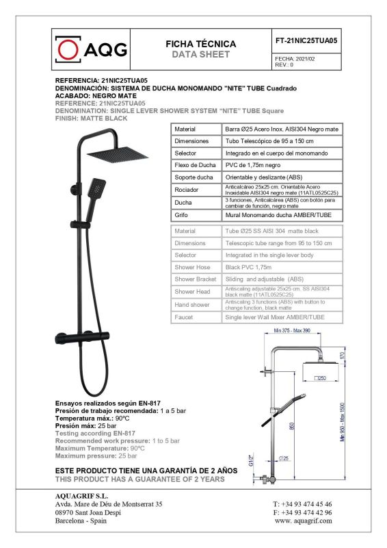 AQG Tube, height adjustable shower column 95-150 cm, with mixer tap and square overhead shower 25x25 cm, matt black color