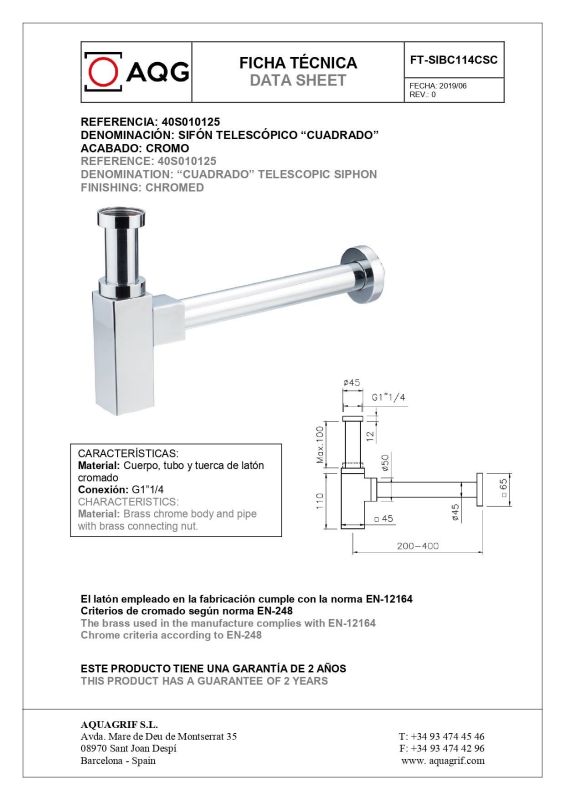 AQG, square siphon SUADRADO 1"1/4 in brass, chrome color