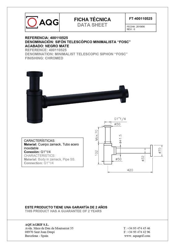 AQG, FOSC 1"1/4 round siphon, matt black color