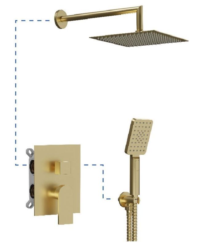 AQG Alpha, shower set for 2 users with square overhead shower 25x25 cm and bracket, color matt gold (PVD)