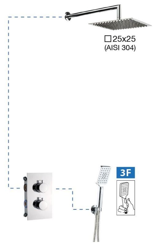 AQG Alpha, shower set for 2 users with thermostat, with square overhead shower 25x25 cm and bracket, chrome color