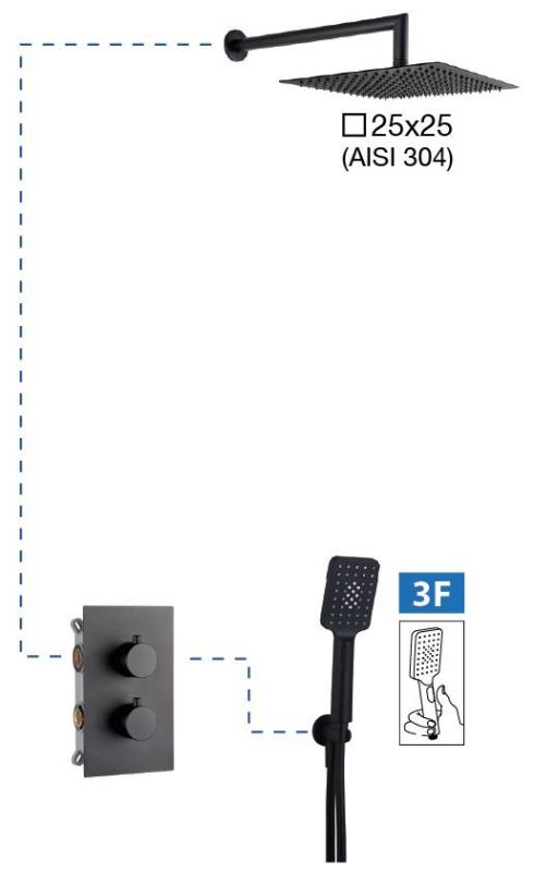 AQG Alpha, shower set for 2 users with thermostat, with square overhead shower 25x25 cm and bracket, matt black color