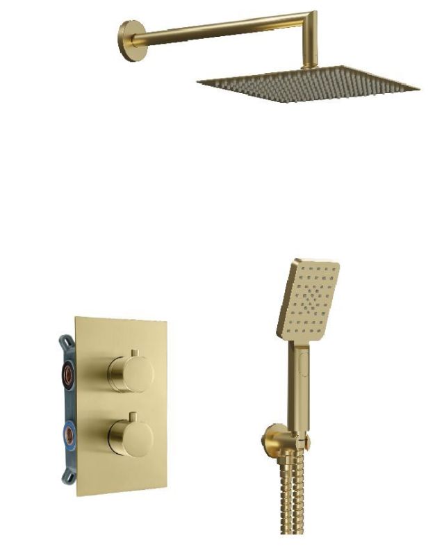 AQG Alpha, 2-piece shower set with thermostat, with square overhead shower 25x25 cm and bracket, color matt gold (PVD)